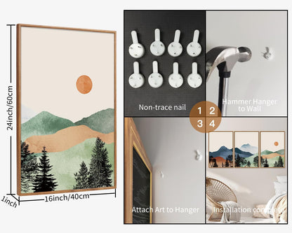 SIGNINART Boho Mountains Framed Canvas Wall Art Set of 3, Watercolor Nature Landscape Art Prints