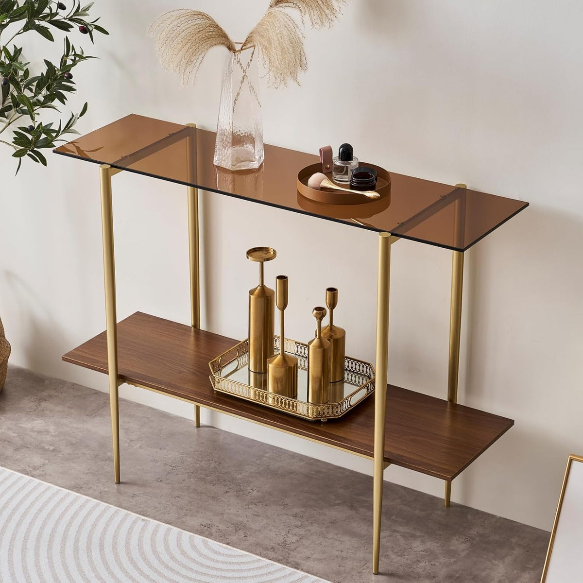 Glass Console Table for Living Room, Foyer & Entrance, 2-Tiers Mid-Century Modern Sofa Table with