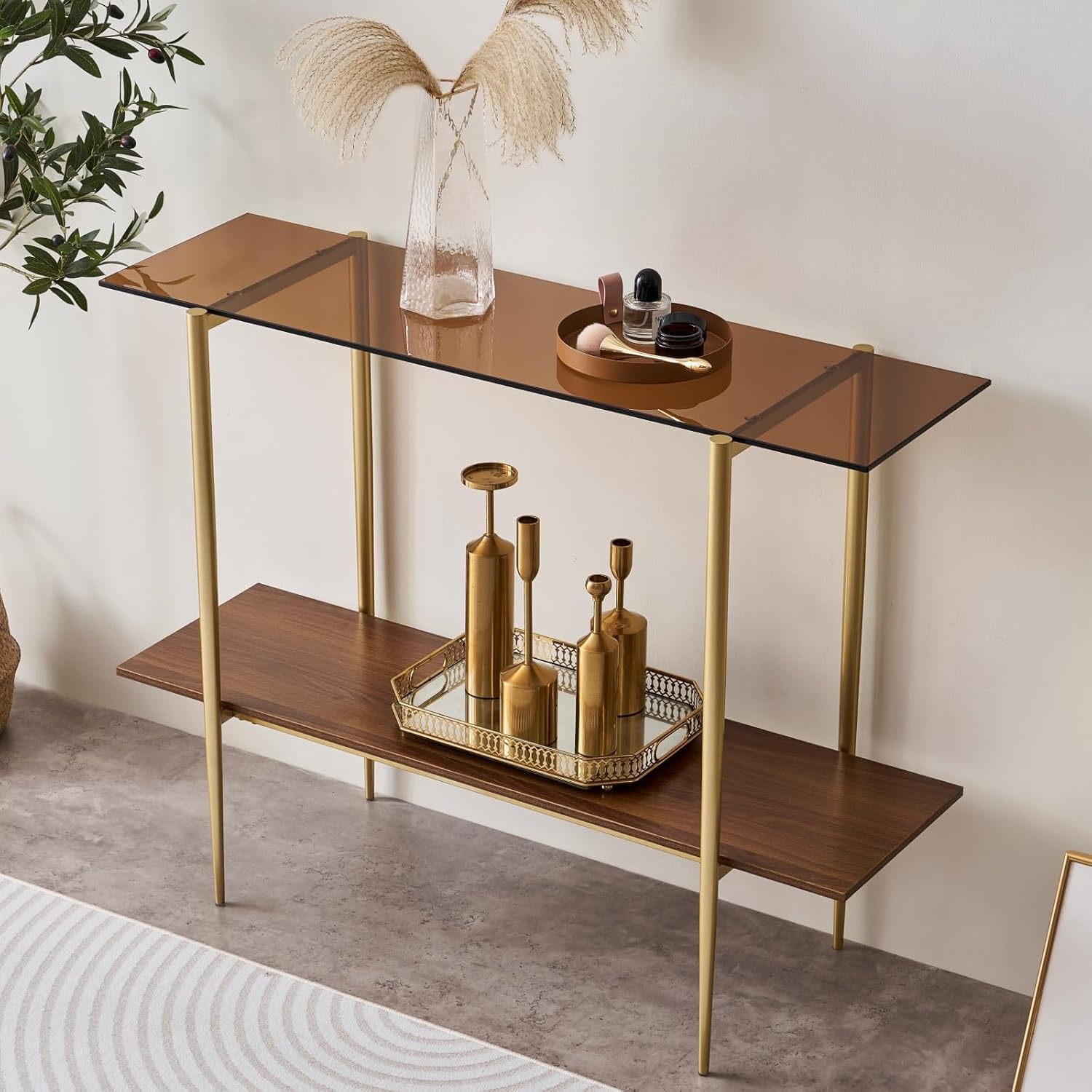 Glass Console Table for Living Room, Foyer & Entrance, 2-Tiers Mid-Century Modern Sofa Table with