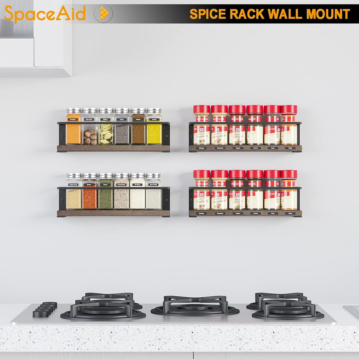 SpaceAid Spice Rack Organizer for Cabinet Door or Wall Mount (4 Pack) with 415 Spice Labels - Wood