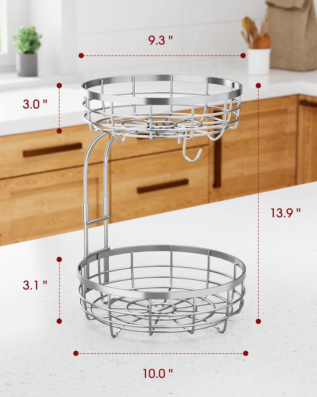 Fruit Basket for Kitchen Counter - 2-Tier Large Capacity Fruit Bowl with Detachable Banana Hanger