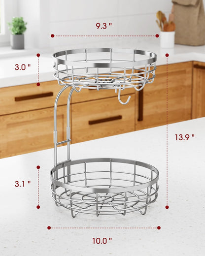 Fruit Basket for Kitchen Counter - 2-Tier Large Capacity Fruit Bowl with Detachable Banana Hanger
