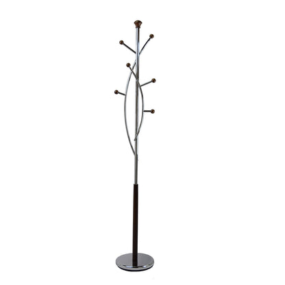 Proman Products Freestanding Modern Metal Coat Rack Tree Stand Organizer with 6 Wooden Hooks for