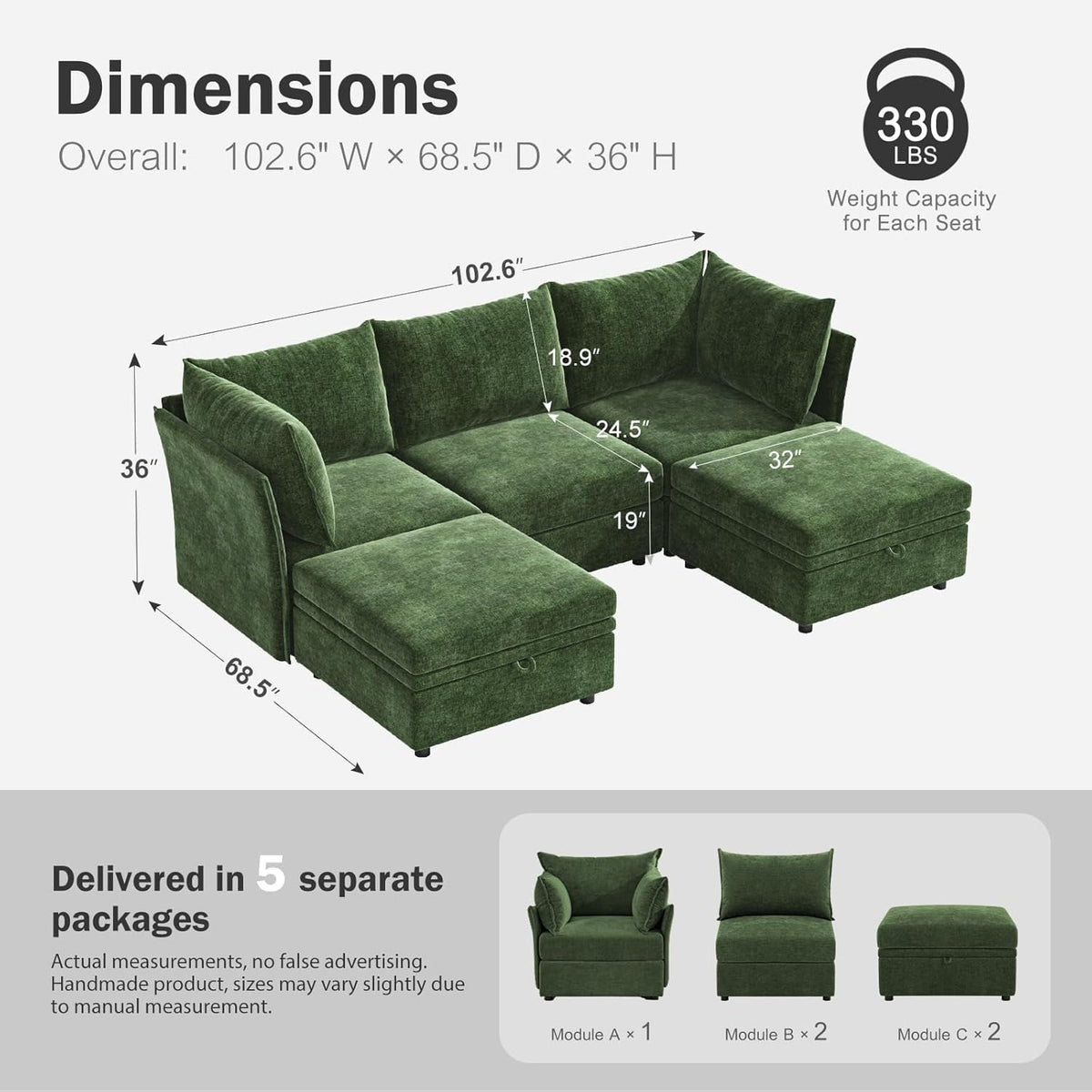 102.6" U Shaped Modular Sectional Sofa, 5 Seater Couch with Storage Ottoman Deep Seat and High