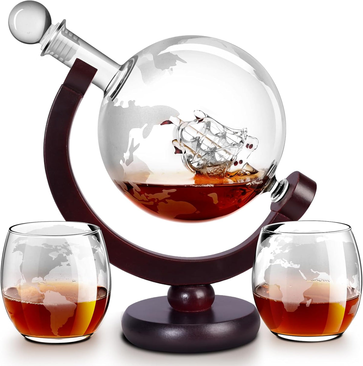 Whiskey Decanter Sets for Men, Whiskey Decanter Globe Set with 2 Etched Globe Whisky Glasses for