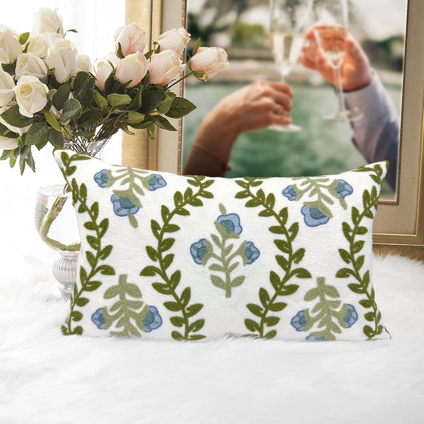 Alysheer Summer Floral Embroidered Decorative Throw Pillow Cover 12"x 20", Farmhouse Blue Flowers