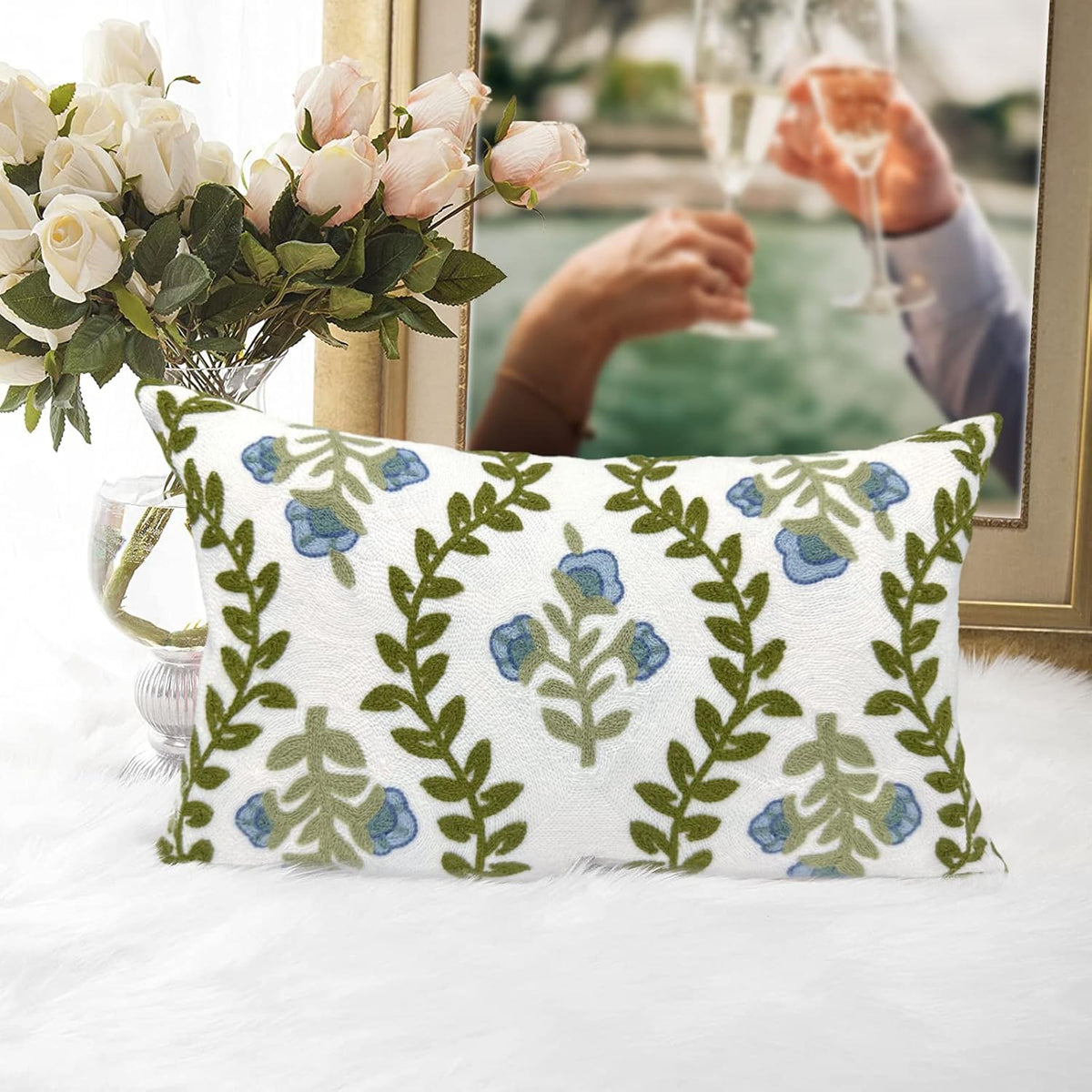 Alysheer Summer Floral Embroidered Decorative Throw Pillow Cover 12"x 20", Farmhouse Blue Flowers