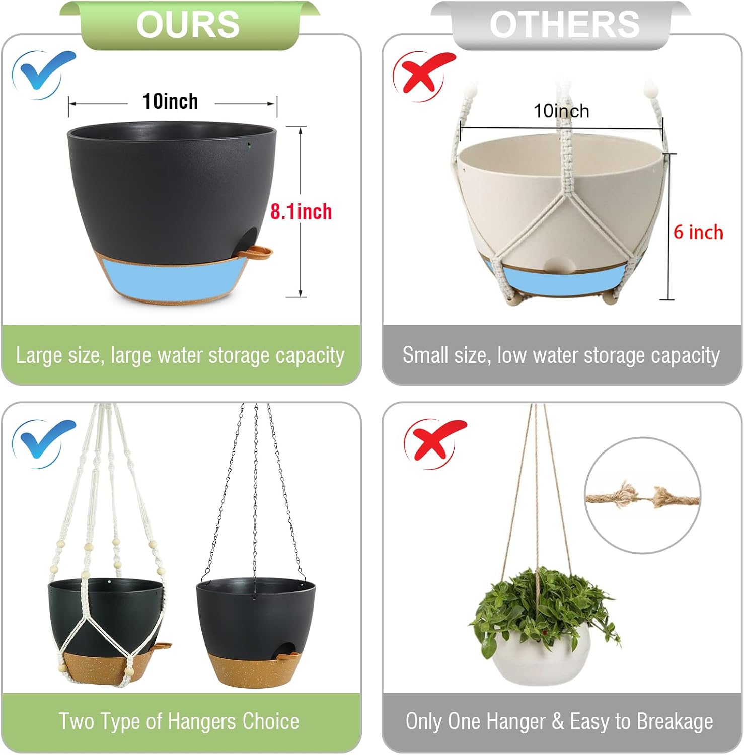 10 inch Self Watering Hanging Planters, 2 Pack Hanging Flower Pots for Indoor Outdoor Plants