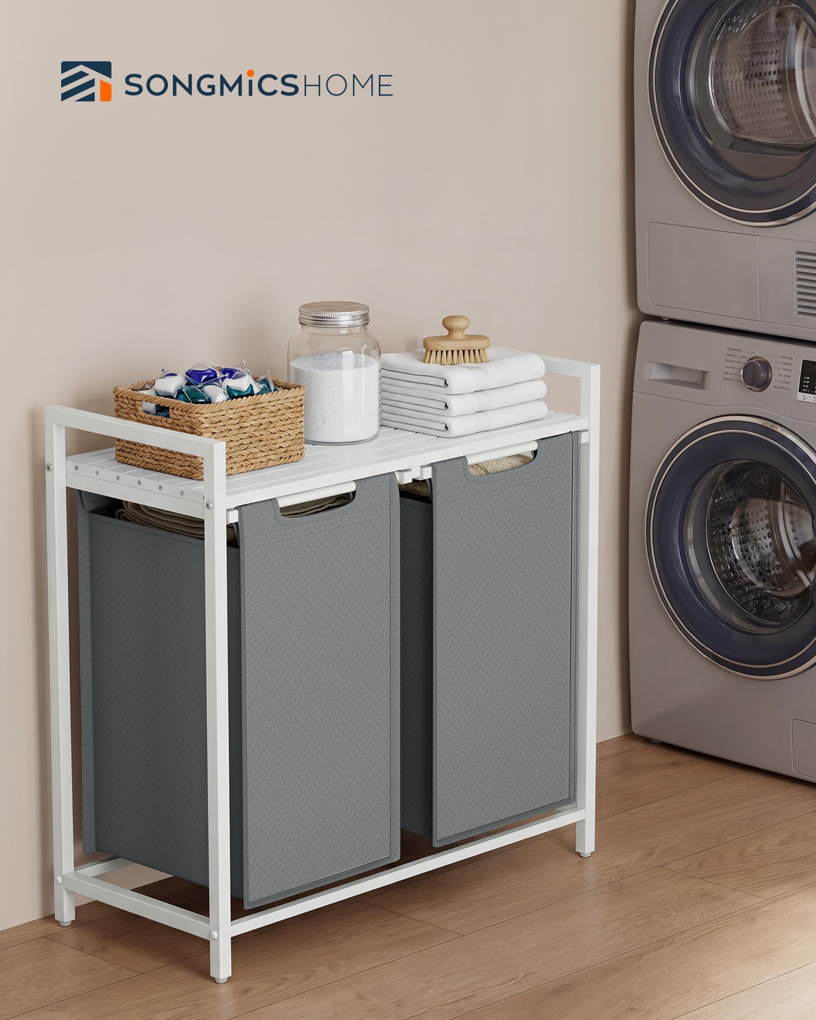 SONGMICS HOME Laundry Basket Sorter with Storage Shelf, Laundry Hamper with Metal Frame, 2 x 12.1