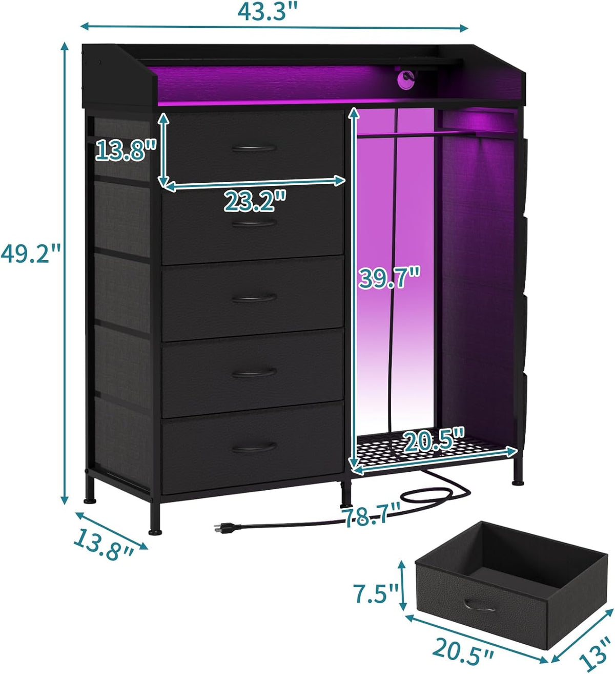 LUMTOK 2-in-1 Dresser with Hanging Racks,5 Fabric Drawers Dressers with LED Lights, Charging