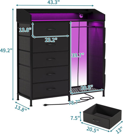LUMTOK 2-in-1 Dresser with Hanging Racks,5 Fabric Drawers Dressers with LED Lights, Charging