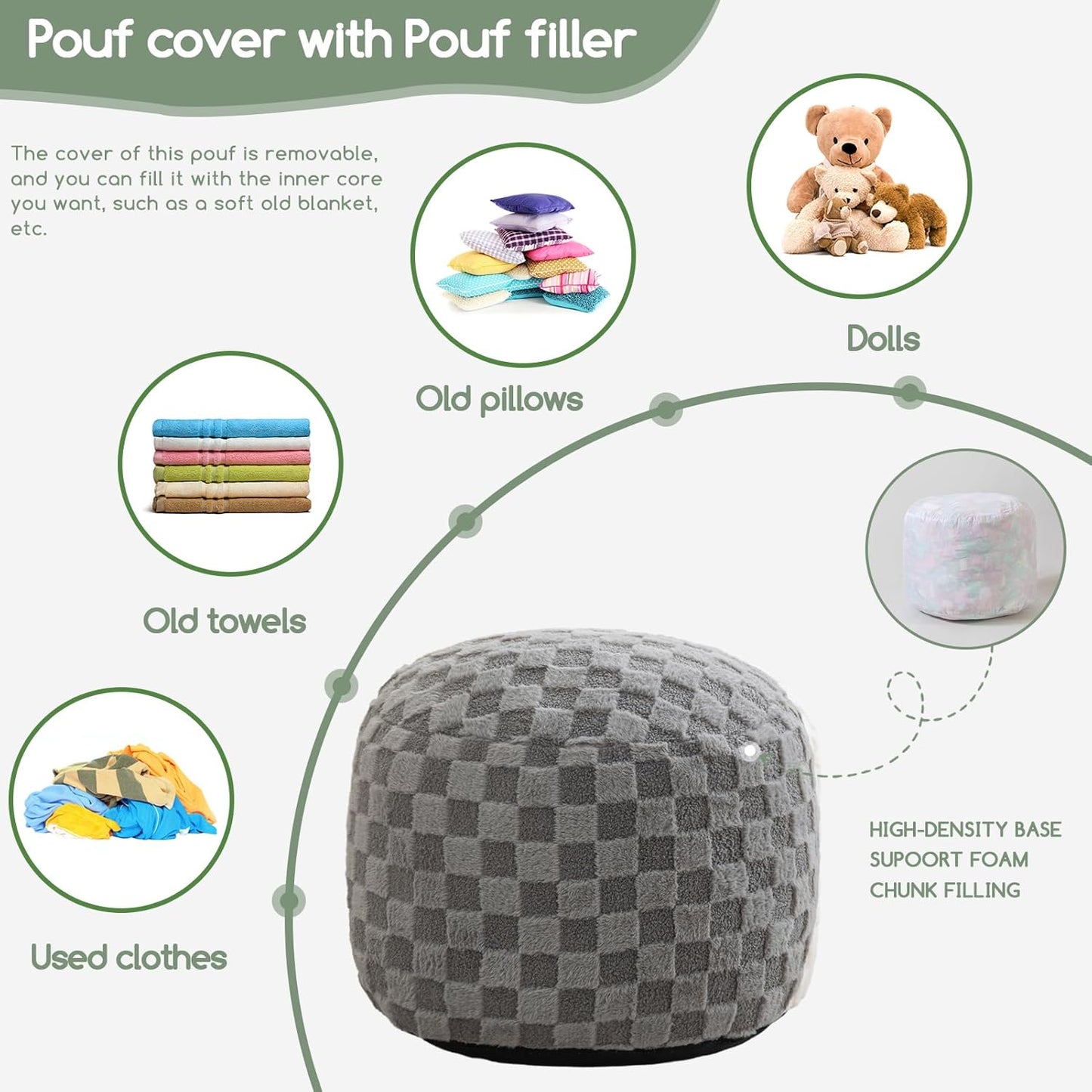 HIGOGOGO Round Stuffed Pouf Ottoman, Plaid Poufs with Foam Chunk Filling, Fluffy and Furry Pouf