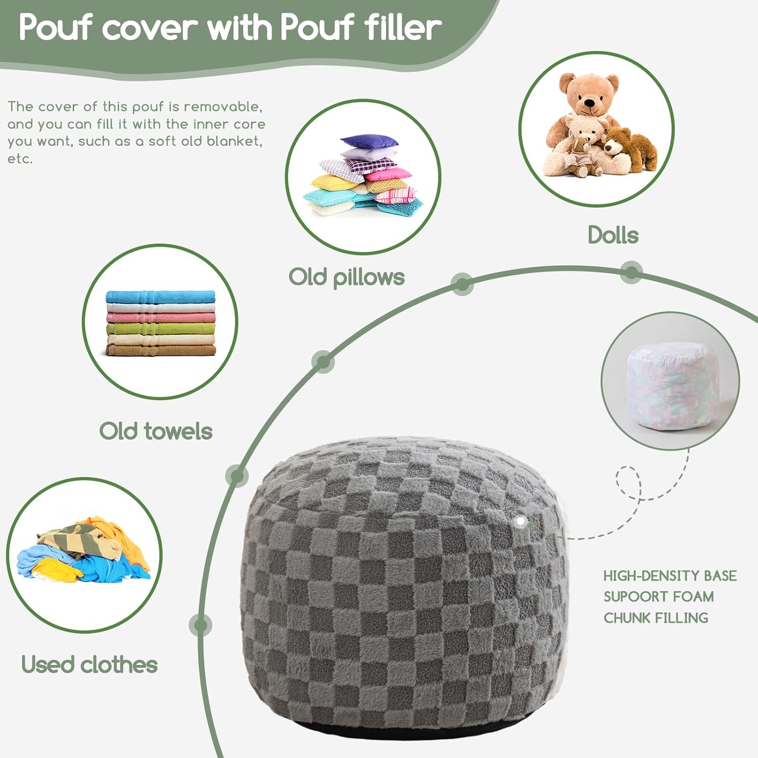 HIGOGOGO Round Stuffed Pouf Ottoman, Plaid Poufs with Foam Chunk Filling, Fluffy and Furry Pouf