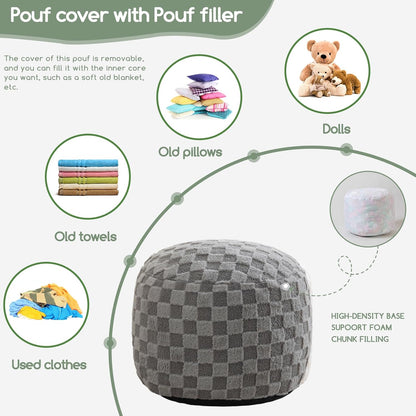HIGOGOGO Round Stuffed Pouf Ottoman, Plaid Poufs with Foam Chunk Filling, Fluffy and Furry Pouf