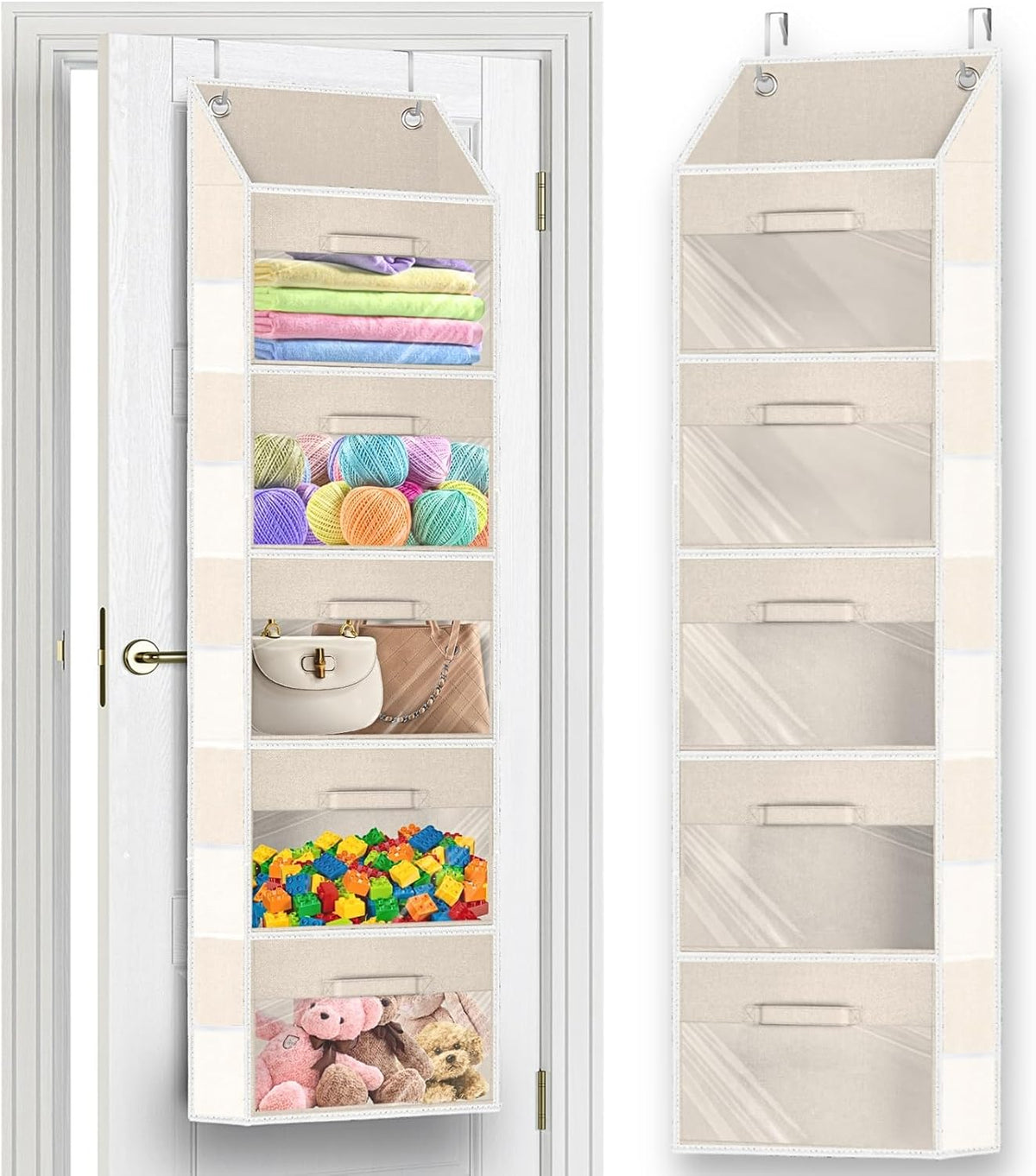 Over the Door Organizer with Drawers, 5 Tier Hanging Storage with Removable Bins & 10 Side Pockets