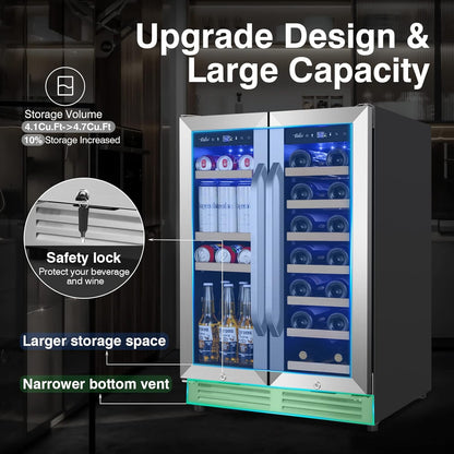 Wine and Beverage Refrigerator Upgraded, 24 Inch Beverage Refrigerator Cooler Dual Zone with Glass