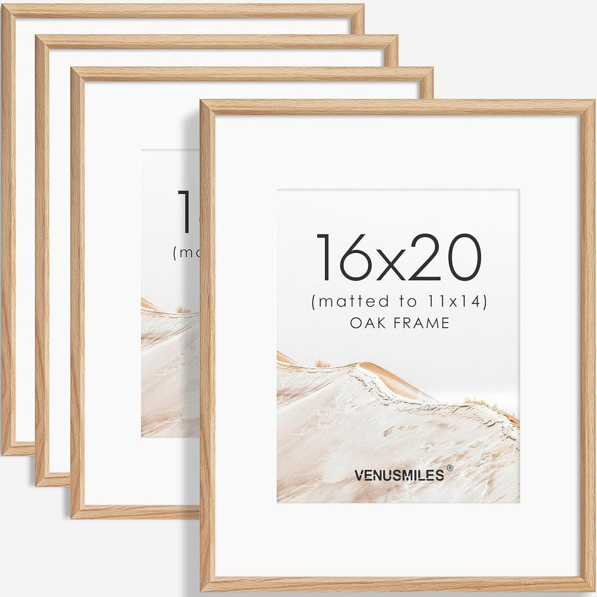16x20 Picture Frame Set of 4 Natural Solid Oak Photo Frames with 11x14 Removable Mat Wall Hanging
