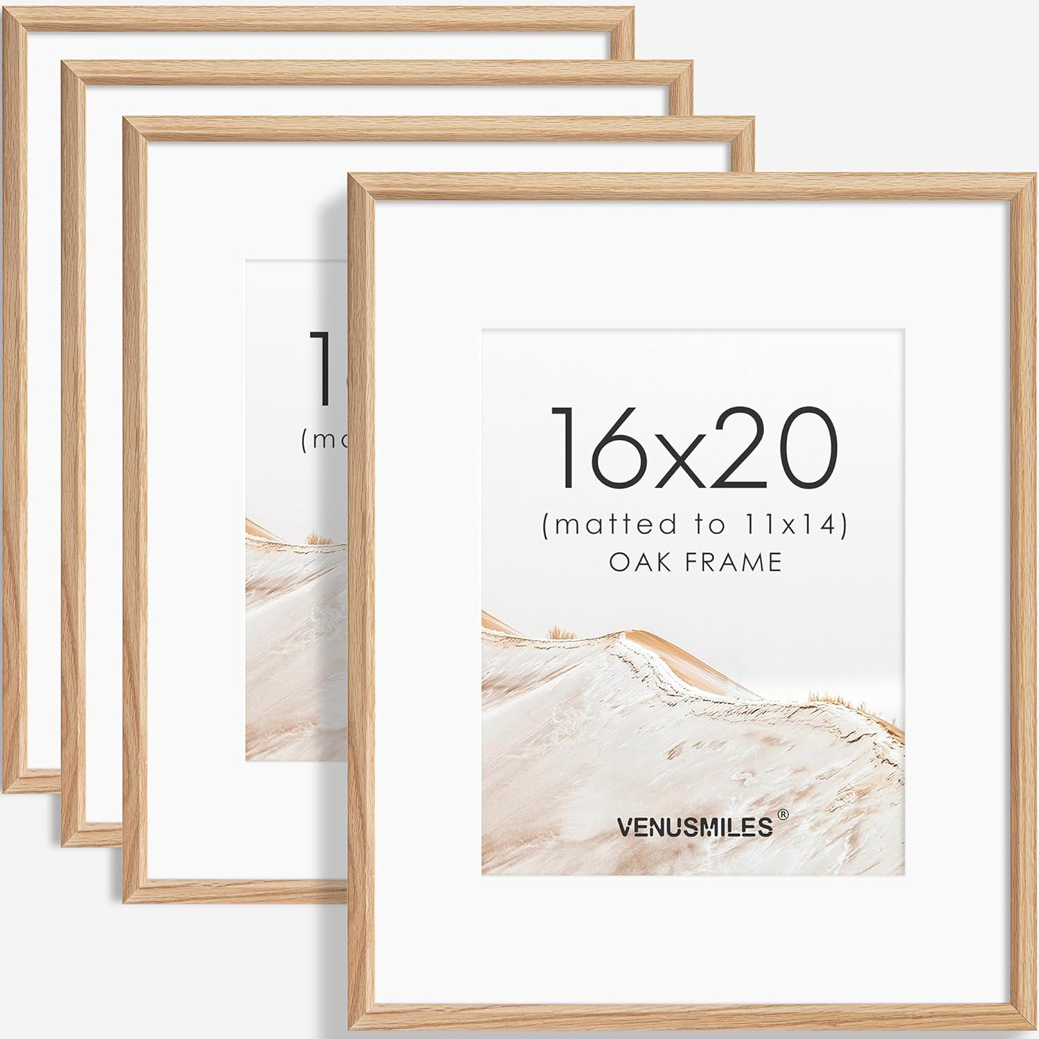 16x20 Picture Frame Set of 4 Natural Solid Oak Photo Frames with 11x14 Removable Mat Wall Hanging