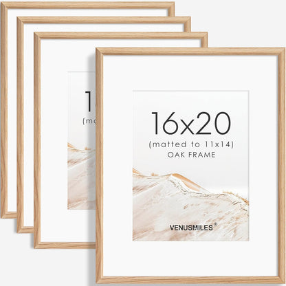 16x20 Picture Frame Set of 4 Natural Solid Oak Photo Frames with 11x14 Removable Mat Wall Hanging