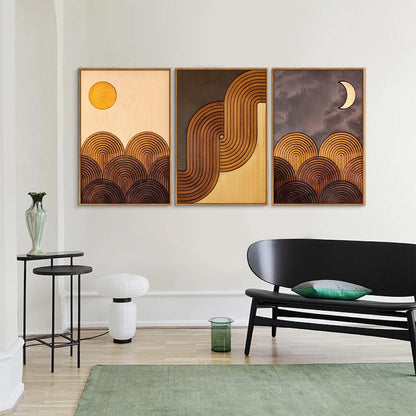 Tinonedraw Boho Mountain Framed Canvas Wall Art Set, Mid Century Modern Geometric Line Wall Decor