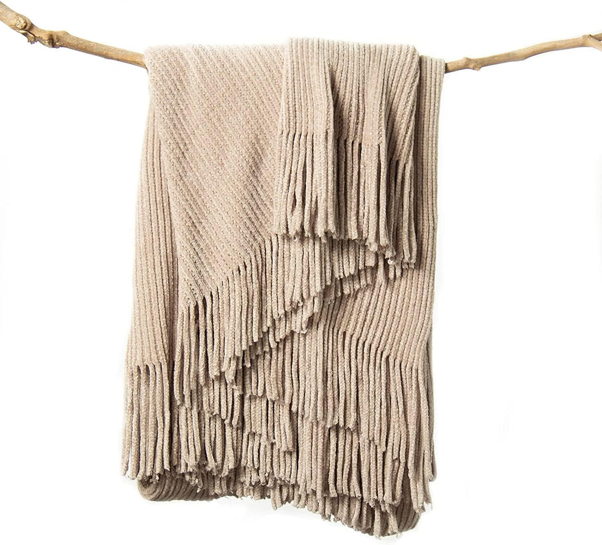 lifein Throw Blanket for Couch, Soft Boho Decor Bed Throw,Cozy Beige Knitted Chenille Small