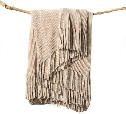 lifein Throw Blanket for Couch, Soft Boho Decor Bed Throw,Cozy Beige Knitted Chenille Small