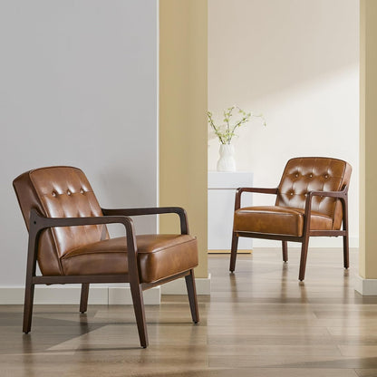 Faux Leather Accent Chair, Mid Century Modern Chair for Living Room, Upholstered Comfy Lounge