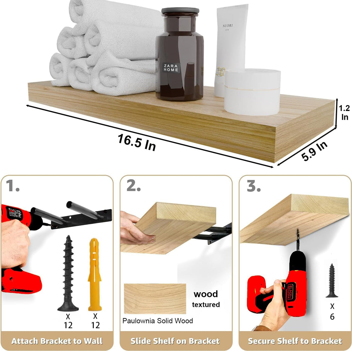 IAE Floating Wall Shelves 16 inch,Bathroom Shelves Wall Mounted,Invisible Shelves Floating Kitchen