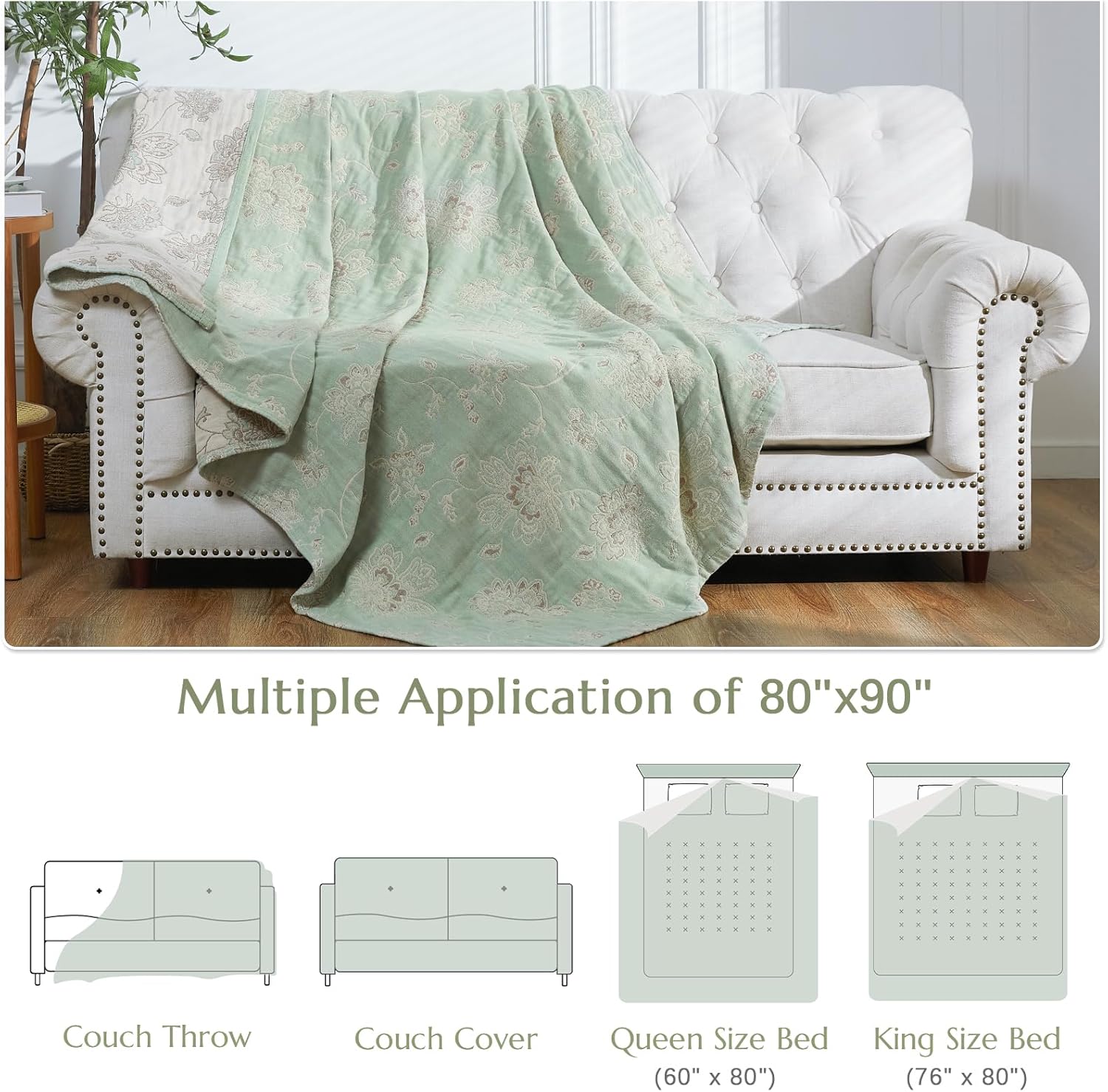 jinchan Boho 100% Cotton Muslin Queen Size 80x90 Inches Blanket Lightweight 4-Layer Quilted Soft