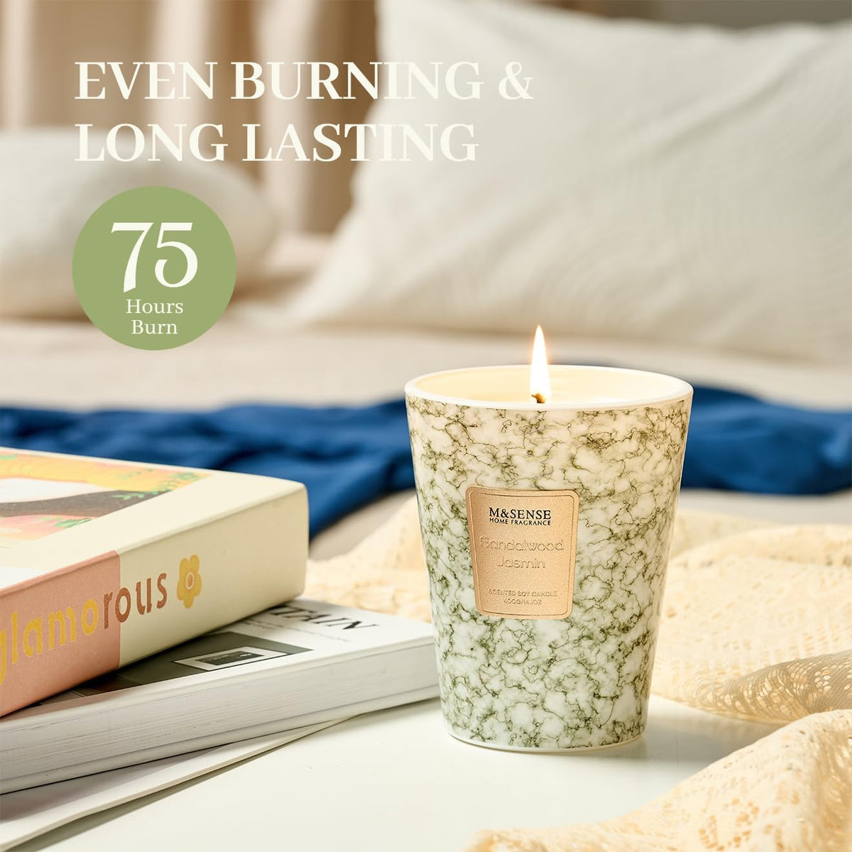M&SENSE SandalWood Jasmine Scented Candles for Home, Lead-free Wick Highly Scented Jar Candles