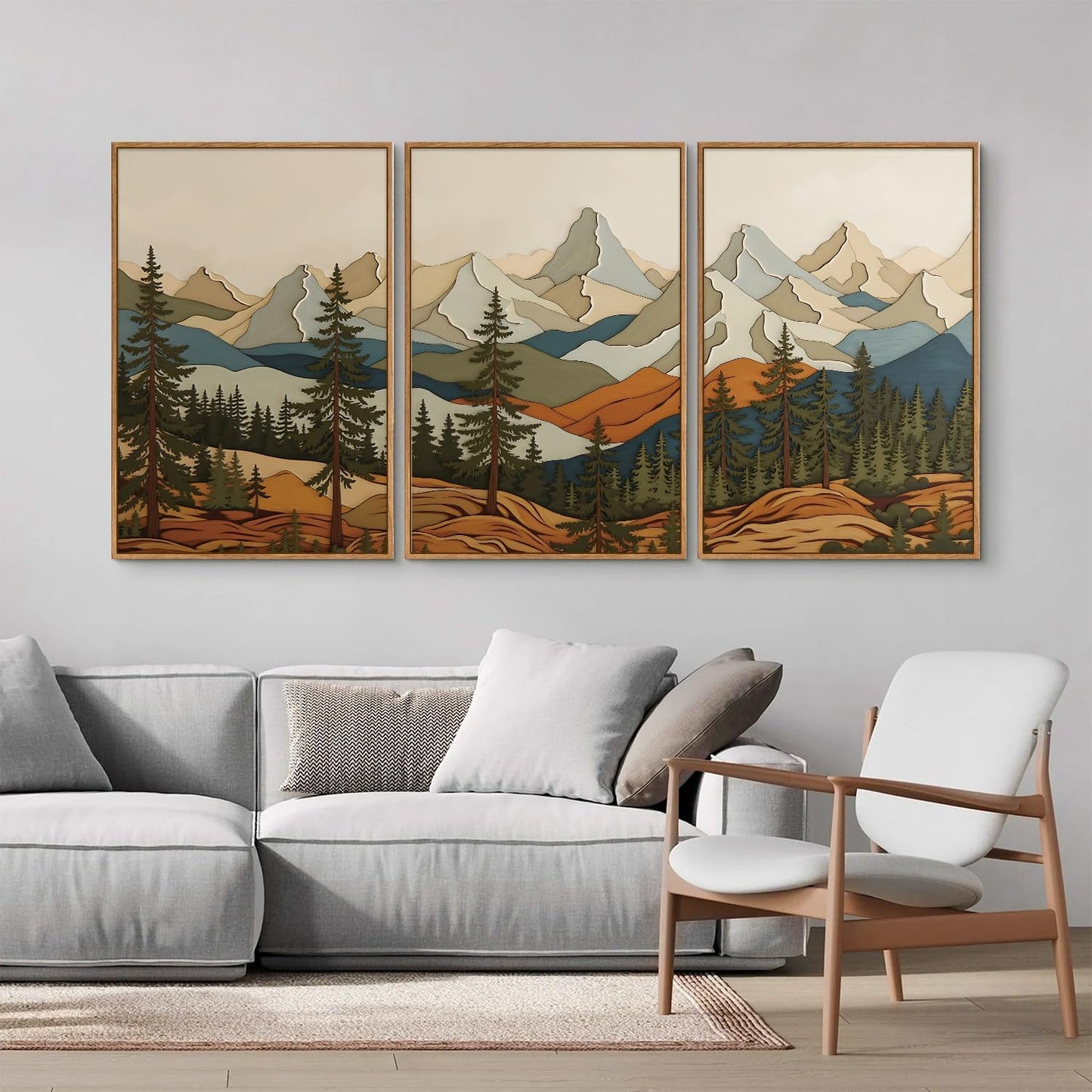 SIGNINART Vintage Mountains Framed Canvas Wall Art, Wooden Forest Wall Decor, Green Wood Pine Trees