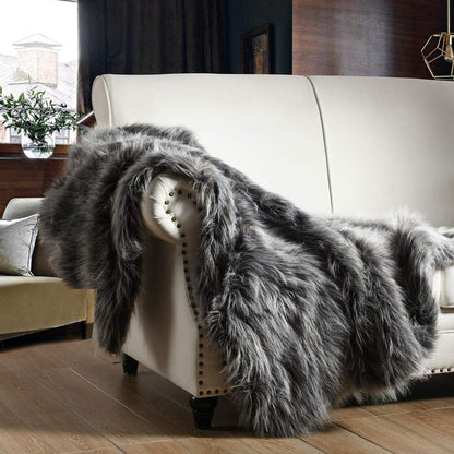 Luxury Faux Fur Throw Blanket, Grey and Black High Pile Mixed Throw Blanket, Super Warm, Fuzzy