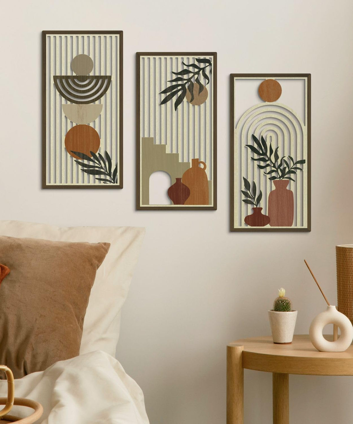Putuo Decor Boho Wall Art Set of 3, Abstract Geometric Wooden Wall Decor, Mid-Century Modern