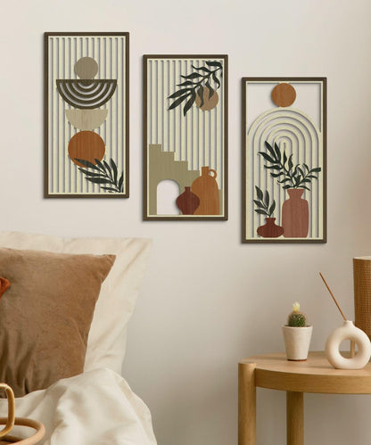 Putuo Decor Boho Wall Art Set of 3, Abstract Geometric Wooden Wall Decor, Mid-Century Modern