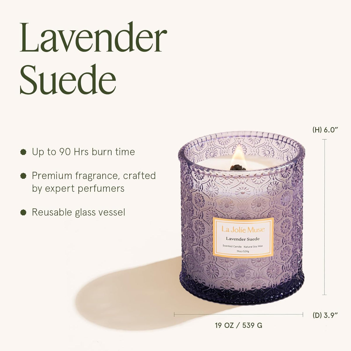 LA JOLIE MUSE Lavender Suede Candle – Eucalyptus, Lavender & Sandalwood 19 oz Large Wooden Wick
