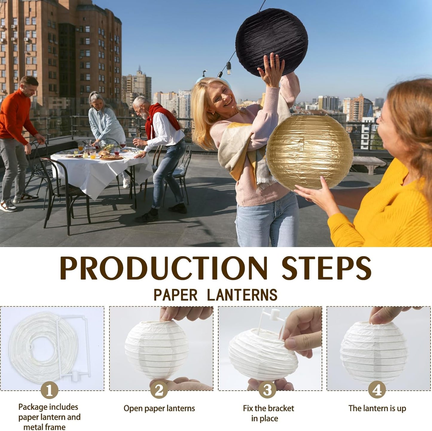 15pcs Paper Lanterns Black Gold Round Hanging Chinese Paper Lanterns 4" 6" 8" 10" 12" for