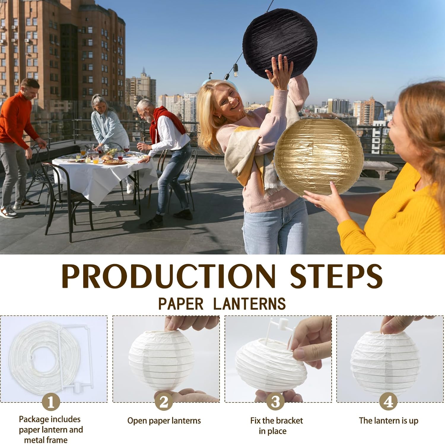 15pcs Paper Lanterns Black Gold Round Hanging Chinese Paper Lanterns 4" 6" 8" 10" 12" for