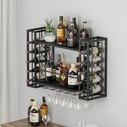 Wall Mounted Wine Rack, Wine Rack Wall Mounted with Wine Glass Rack, 2-Tier Multi-Functional Shelf