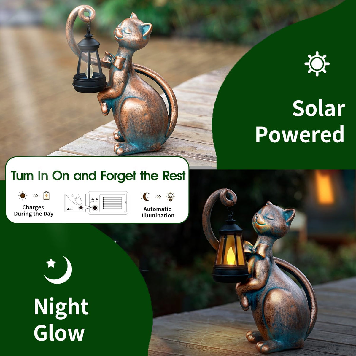 WHIMSYNOOK 10.7" Bronze Cat Solar Garden Statue Light – Cute Kitty Design, Bronze Finish