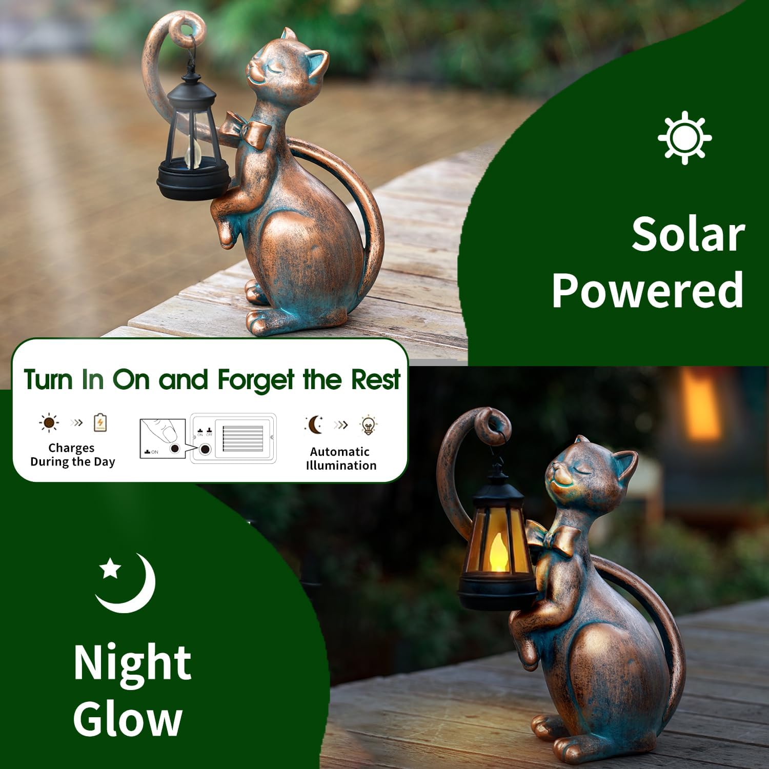 WHIMSYNOOK 10.7" Bronze Cat Solar Garden Statue Light – Cute Kitty Design, Bronze Finish