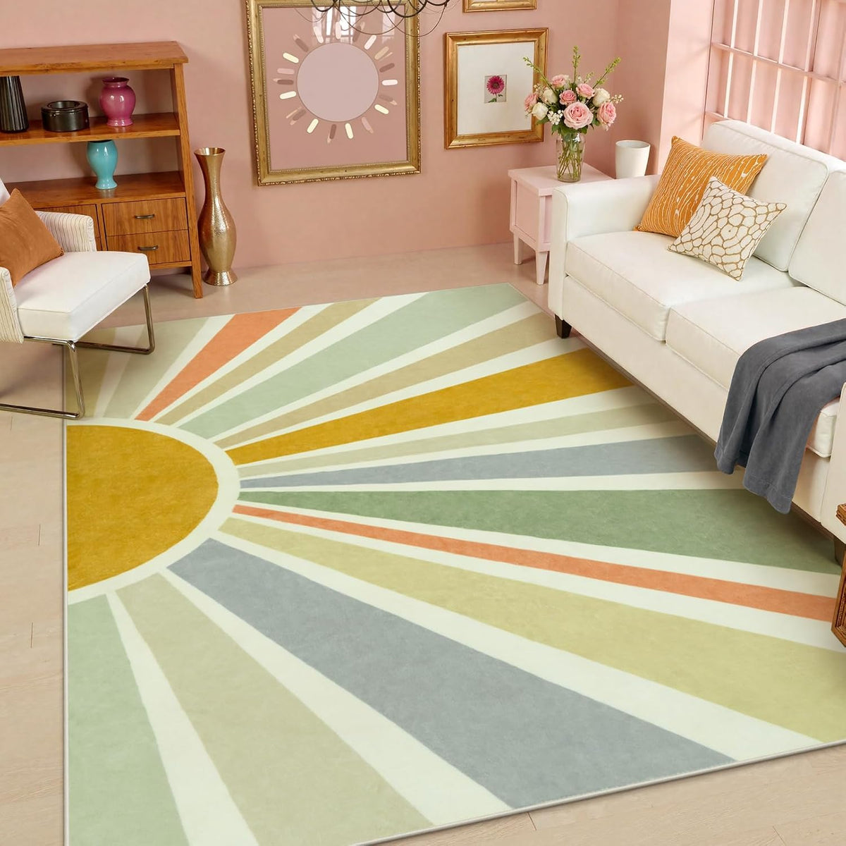 STARUIA Boho Machine Washable 6x9 Area Rugs for Living Room, Soft Non-Slip Large Sun Rainbow