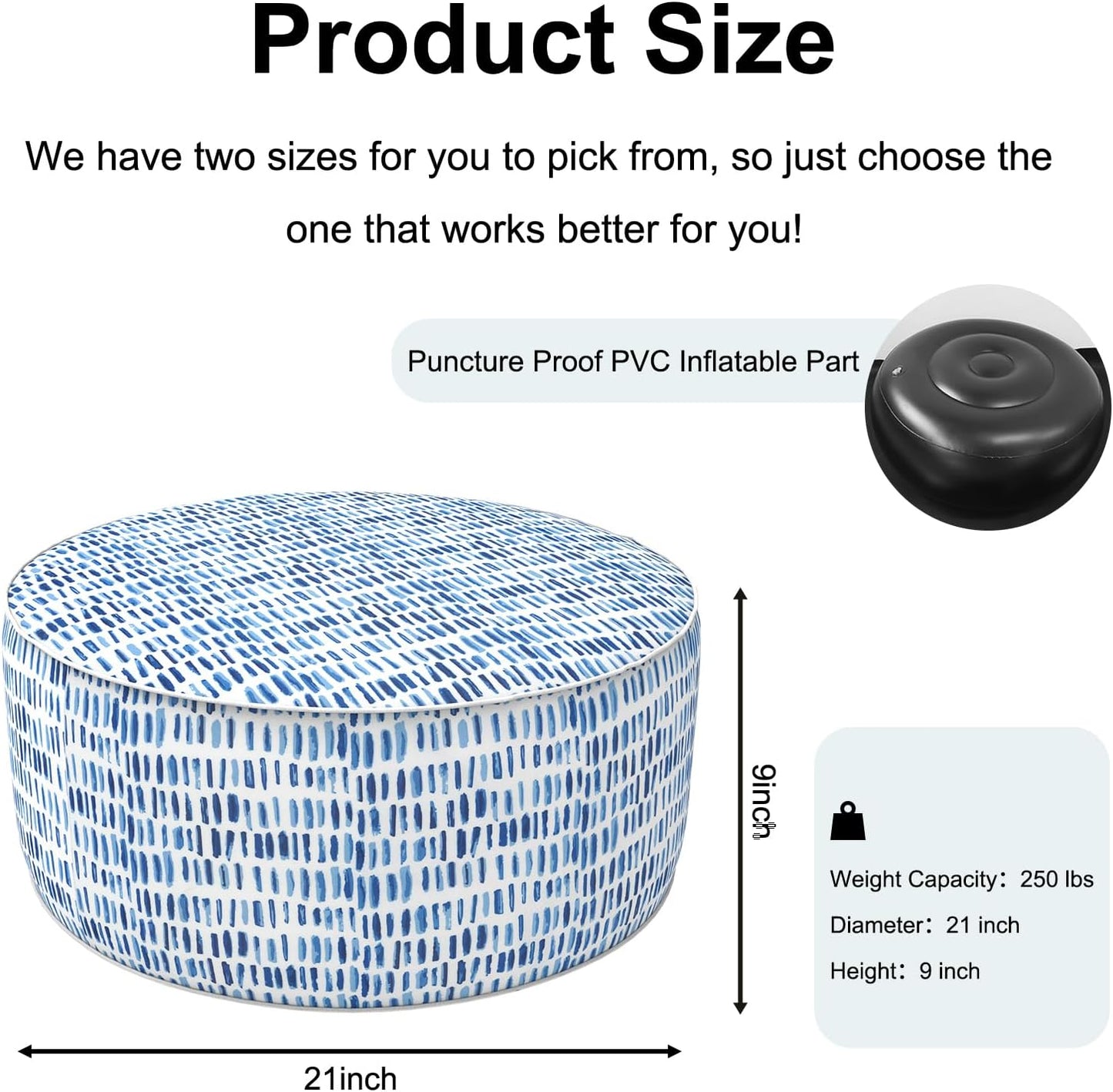 Inflatable Ottoman Stool D21 xH9 for Outdoor/Indoor Use, Water Repellent Patio Foot Rest Stool with