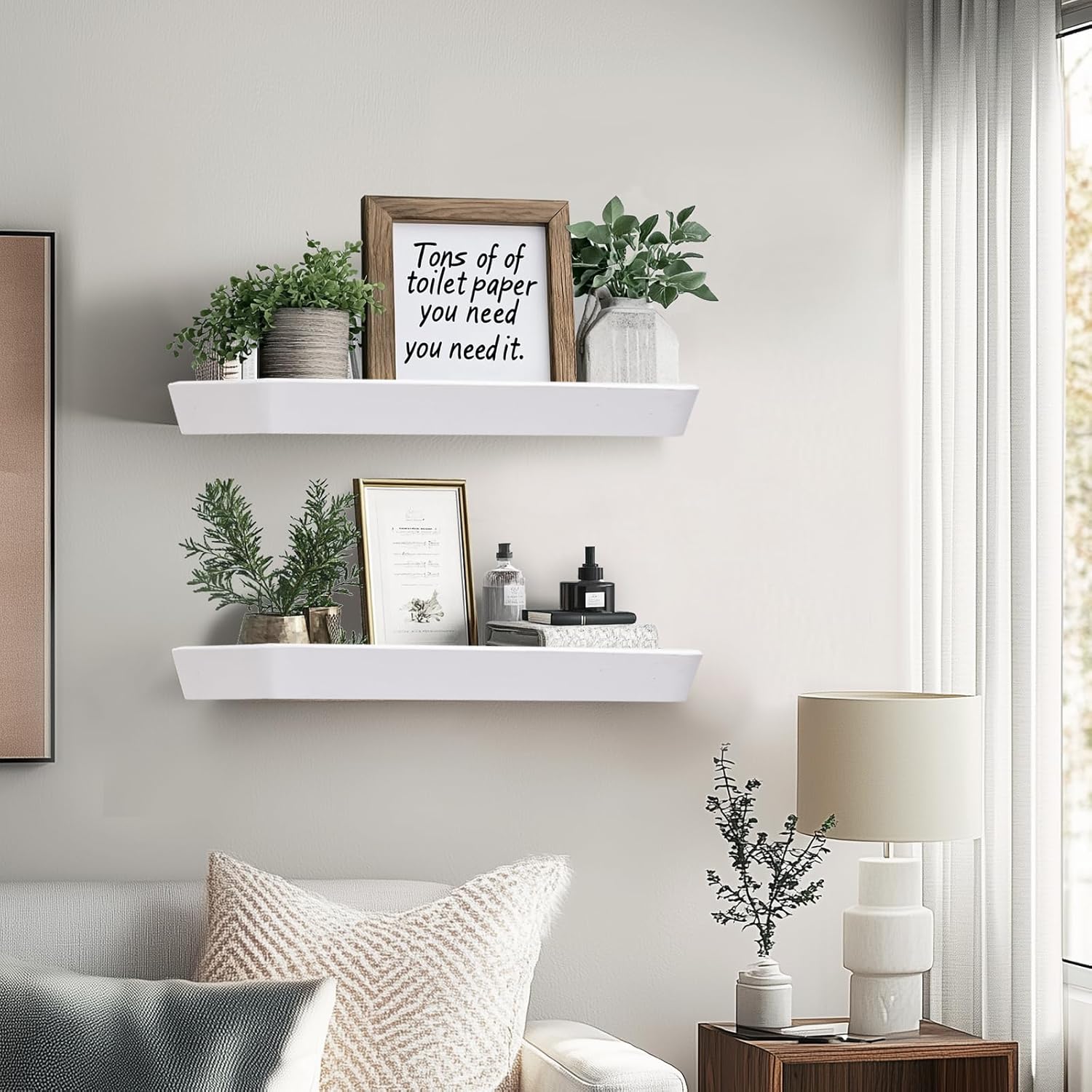 16"x6.8"x1.6" Slanted Floating Wall Shelves 2-Pack - Rustic White Finish, Heavy-Duty Solid Wood