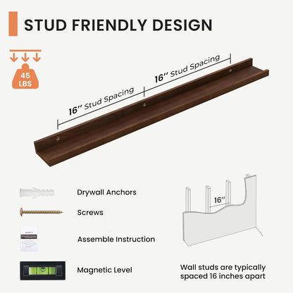 Solid Ash Wood Floating Shelves, Wood Picture Ledge Shelf Set of 2, 48 Inch Long Large Photo Ledge