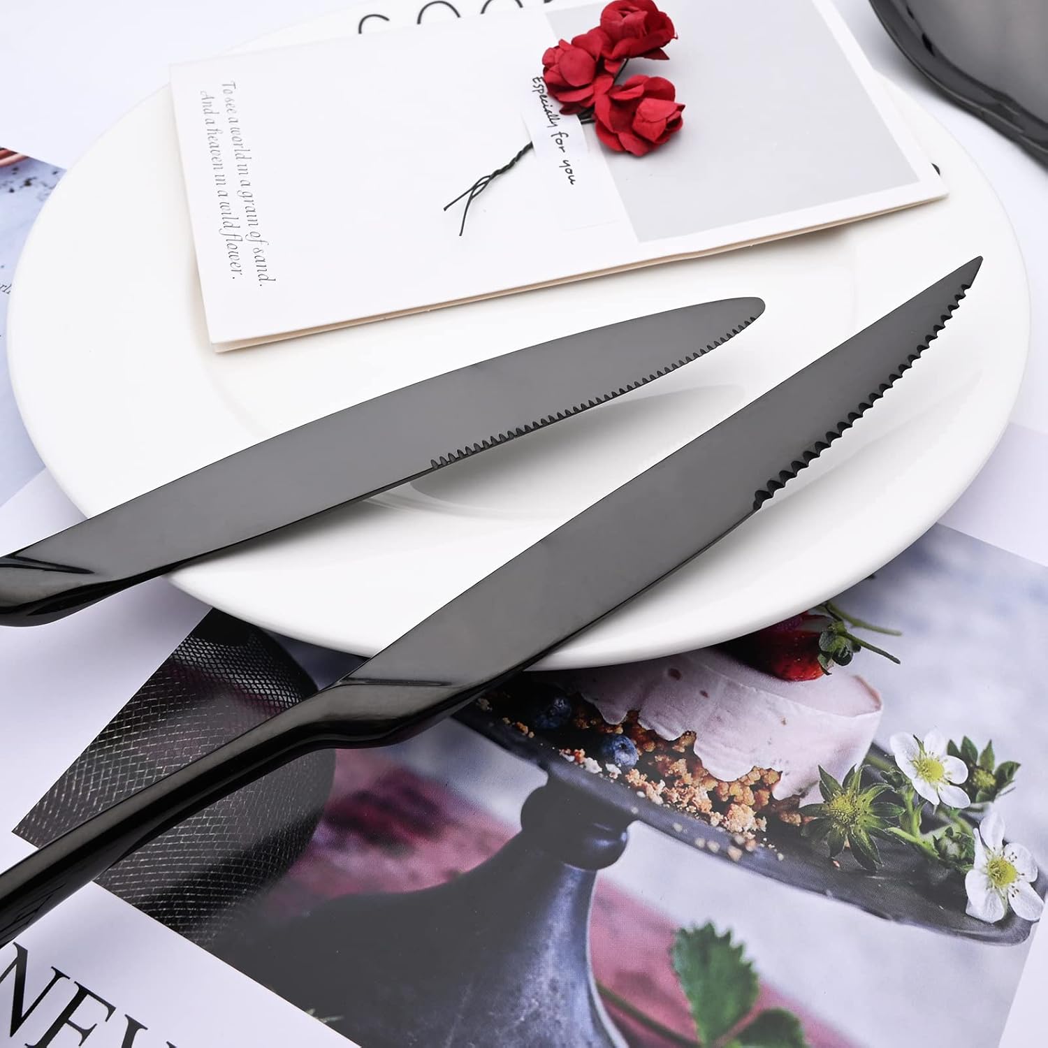 24-Piece Black Flatware, Mirror 18/10 Stainless Steel Modern & Luxury Dinnerware Set With Serrated