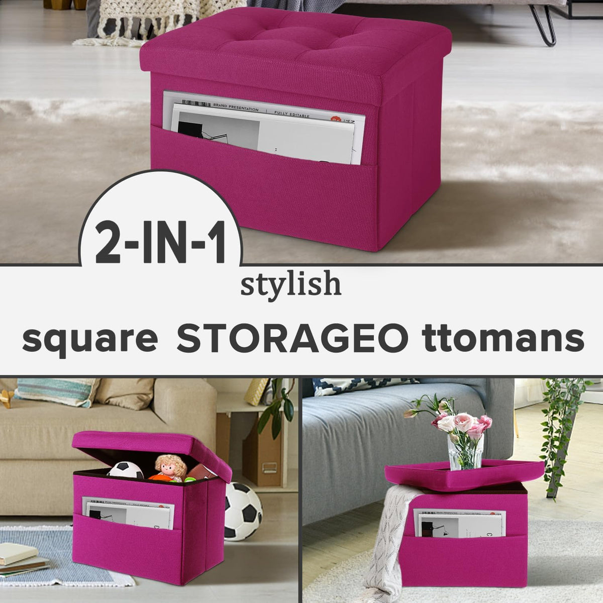 LINMAGCO Storage Ottoman Folding Foot Stool Foot Rest with Side Pocket Modern Ottoman with Storage