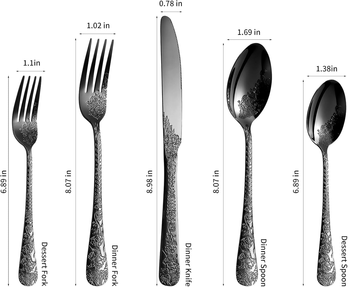 Floral 20 Pcs Black Silverware Set for 4, Food Grade Stainless Steel Flatware Set with Rose Flower