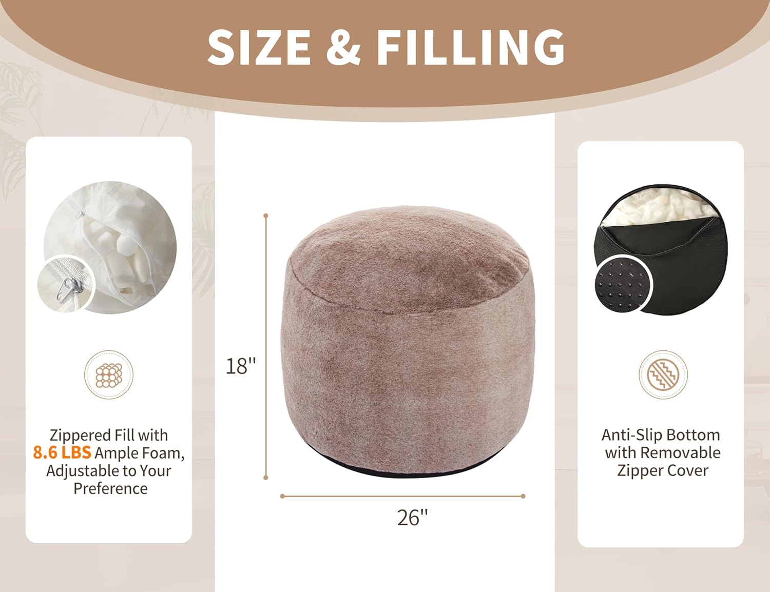 Round Pouf Ottoman 26 * 18" Small Ottoman Foot Rest Pouf Brown Foot Stools for Living Room