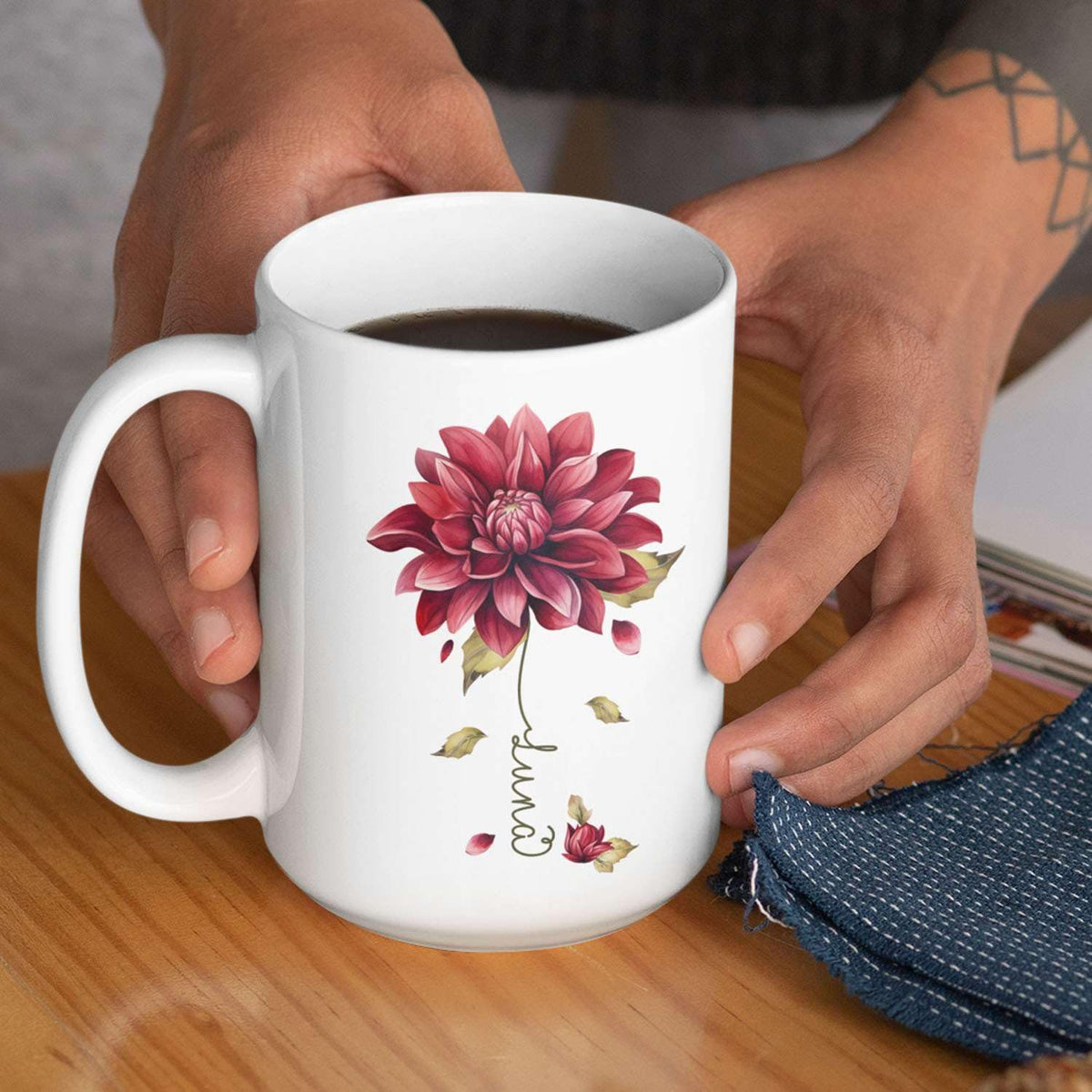 Dahlia Flower Design Coffee Mug, Personalized Name On Red Floral Cup, Custom Ceramic Mug For Flower