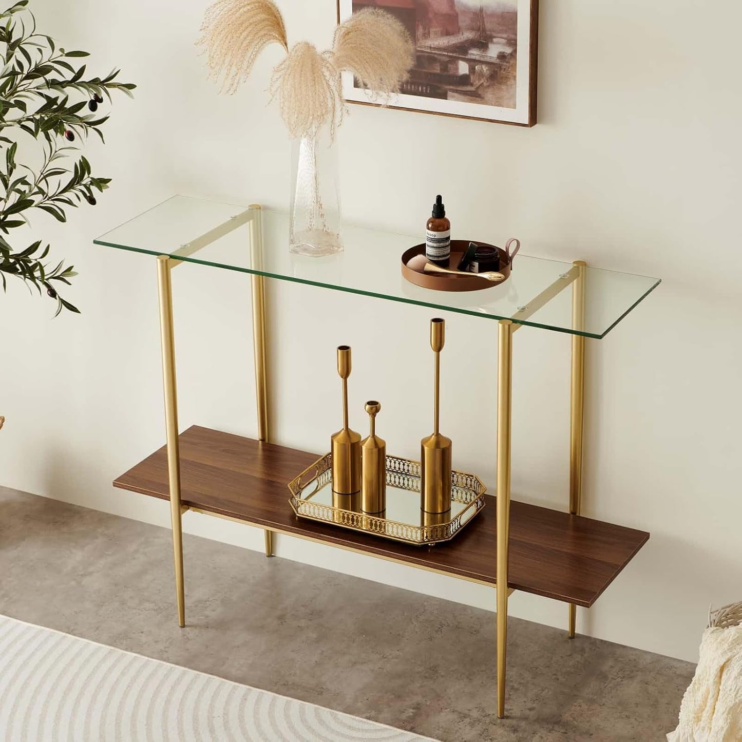 Glass Console Table for Living Room, Foyer & Entrance, 2-Tiers Mid-Century Modern Sofa Table with